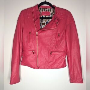 Sheepskin Leather Moto Jacket Pink Small